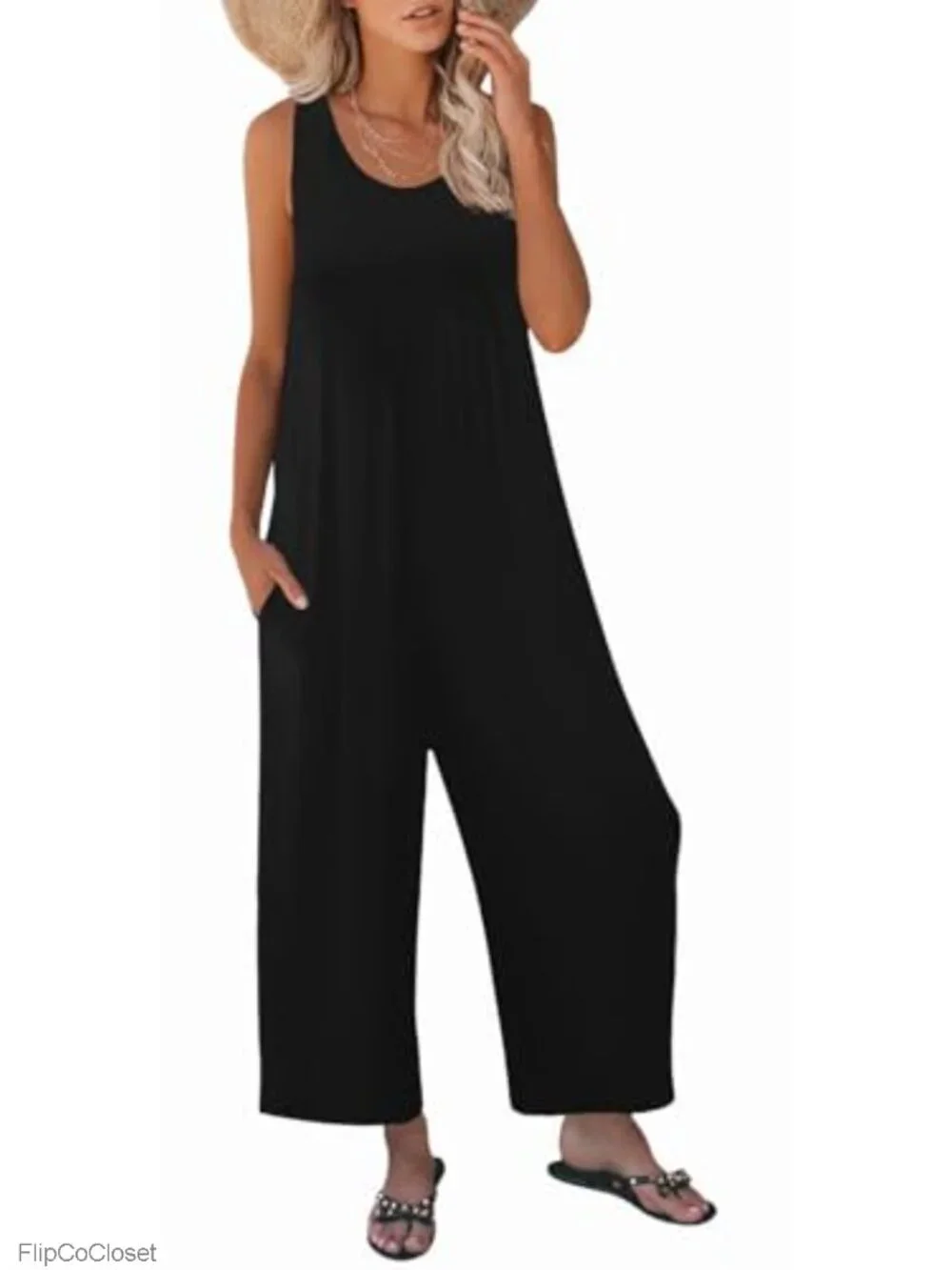 Women's Sleeveless Loose Fit Tank Jumpsuit with Pockets Summer Casual Romper